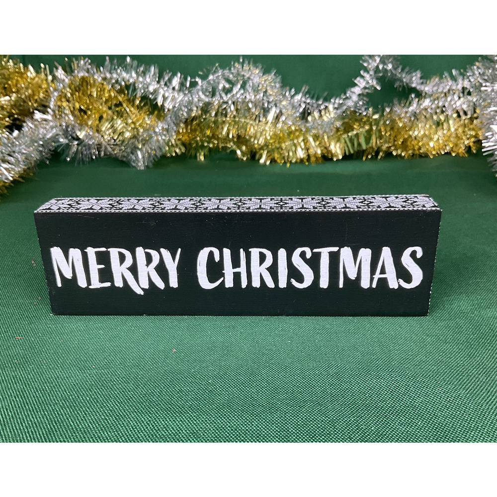 "Merry Christmas" Black Wood Block Sign - Fair Isle Snowflake Pattern Sitter